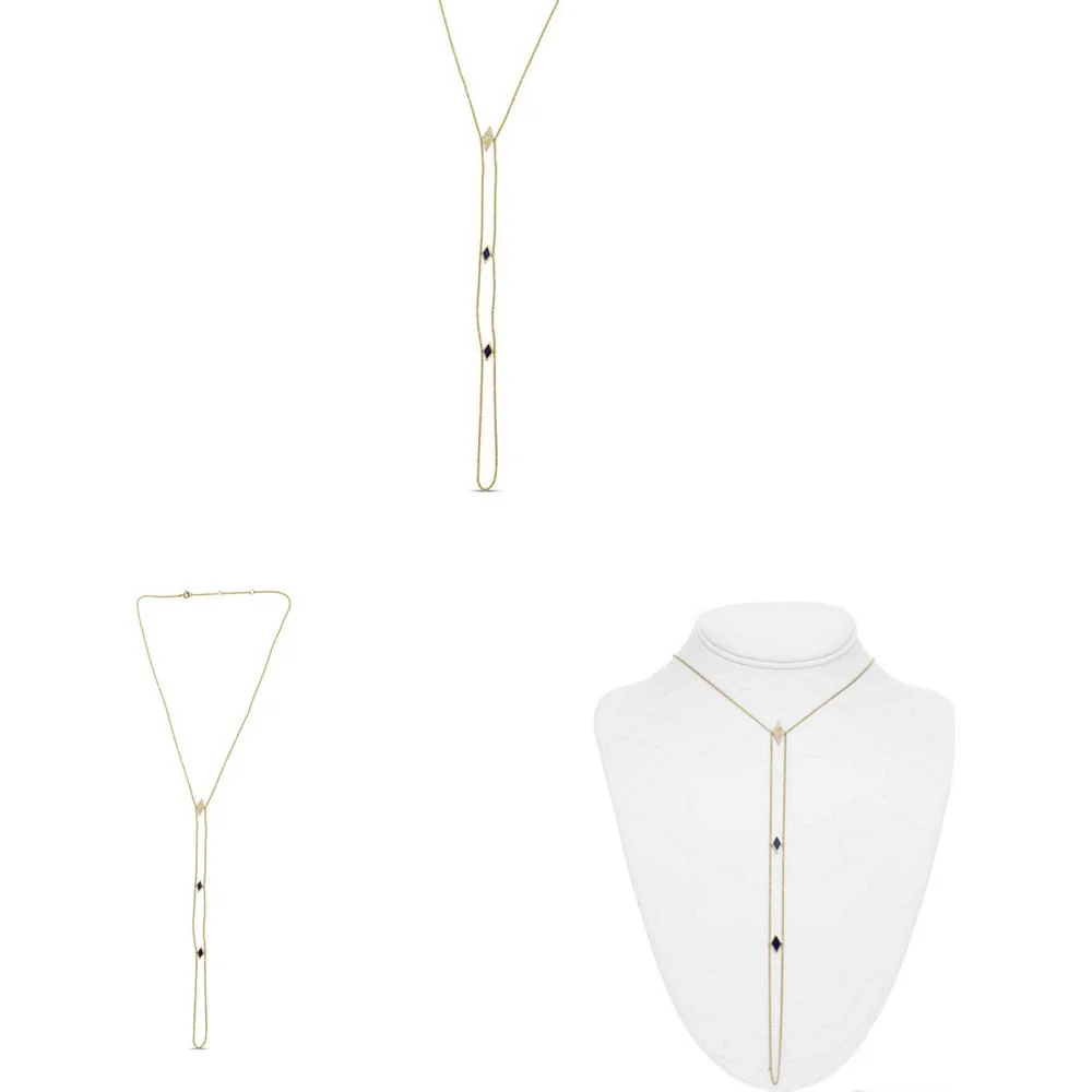 Roman & Jules - 14K Yellow Gold Y-Shaped Necklace with Lapis Lazuli and Round Diamonds - 0.10 Carat Total Diamond Weight