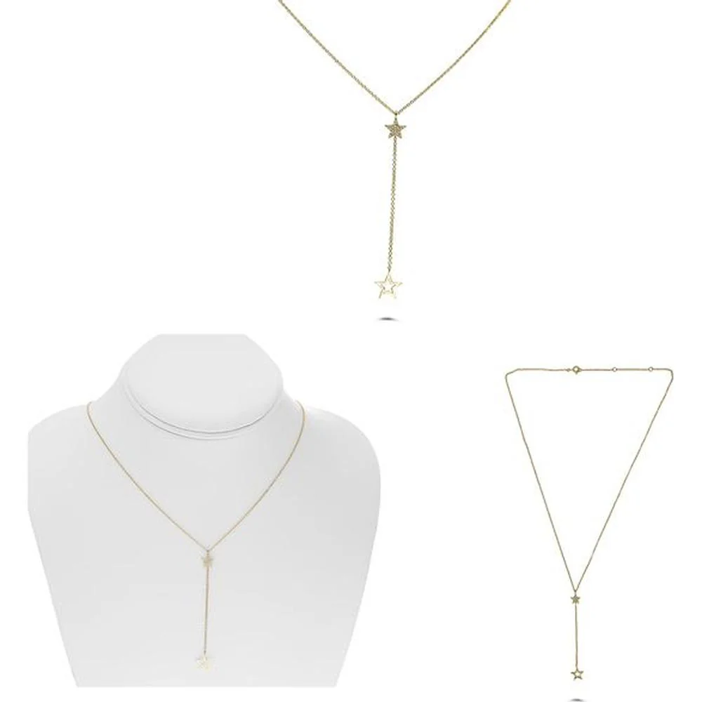 Roman & Jules - 14K Yellow Gold Y Star Necklace with 0.05 Carat Round Diamond in Micropavé Setting