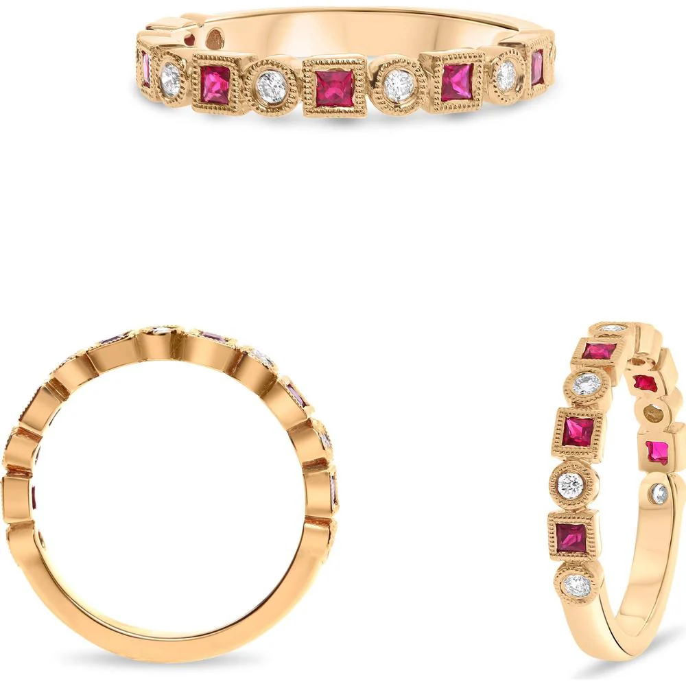 Roman & Jules - 18K Rose Gold Half-Way Band Ring with Square Ruby and Round Diamond Accents - 0.32 Carat Total Diamond Weight