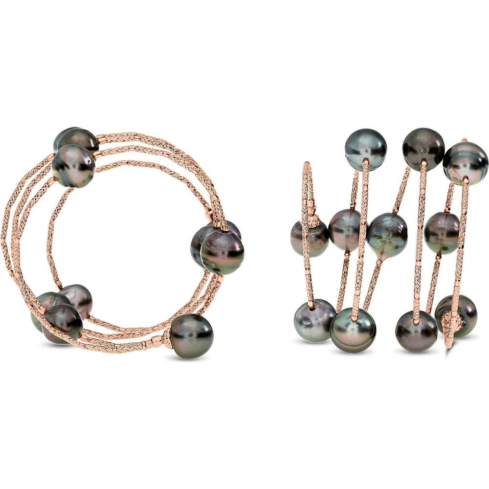 Roman & Jules - 18K Rose Gold Tahitian Pearl Bracelet with Twisted Textured Design - 9.0mm+ Pearls