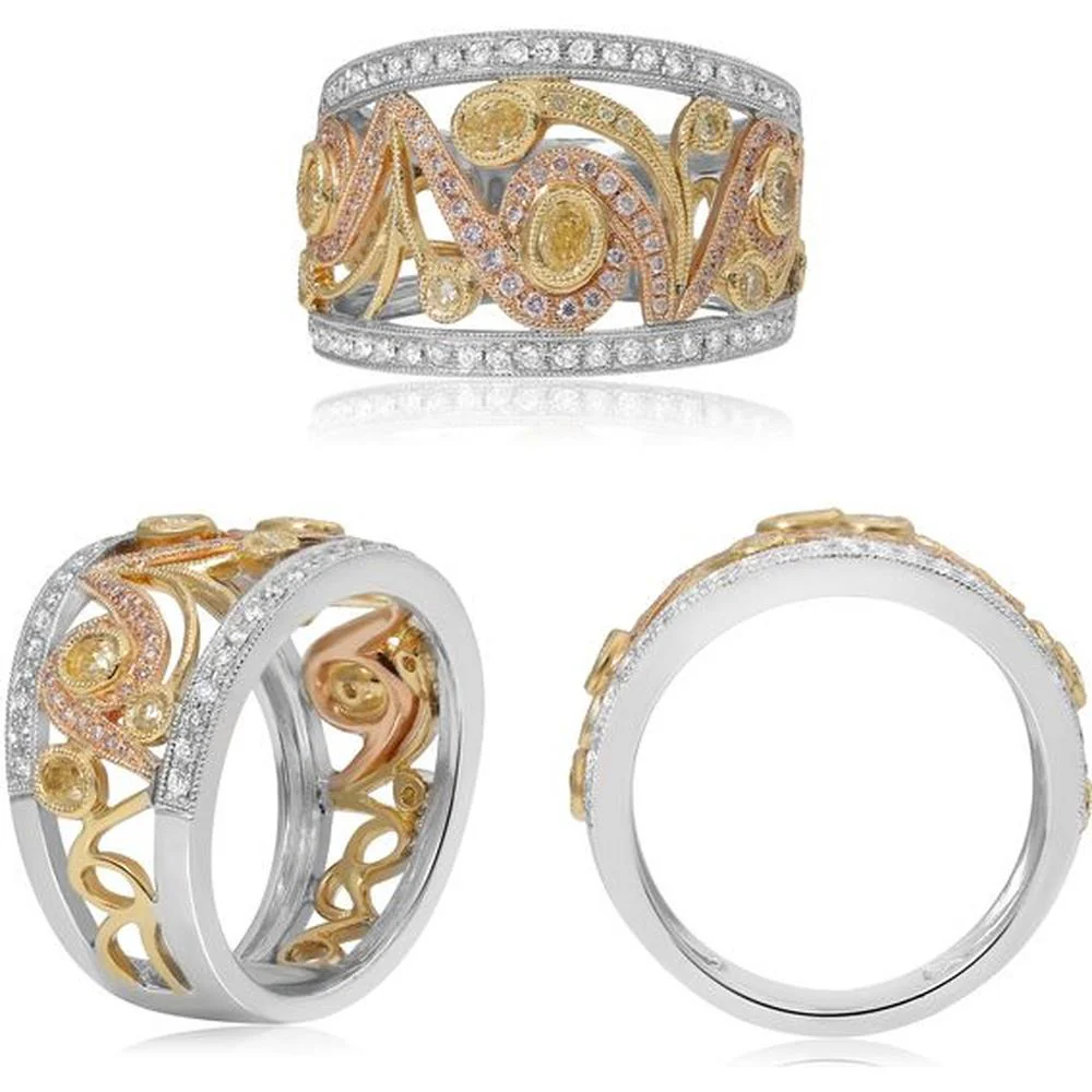 Roman & Jules - 18K Tri-Colored Abstract Diamond Ring with Pave White, Yellow & Pink Diamonds - 0.75 Carat Total Diamond Weight