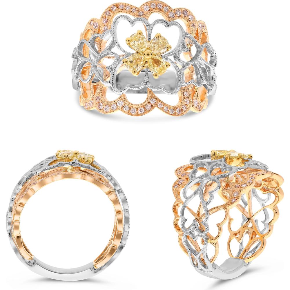 Roman & Jules - 18K Tricolor Gold Fashion Ring with Fancy Yellow and Pink Diamonds - 0.57 Carat Total Diamond Weight