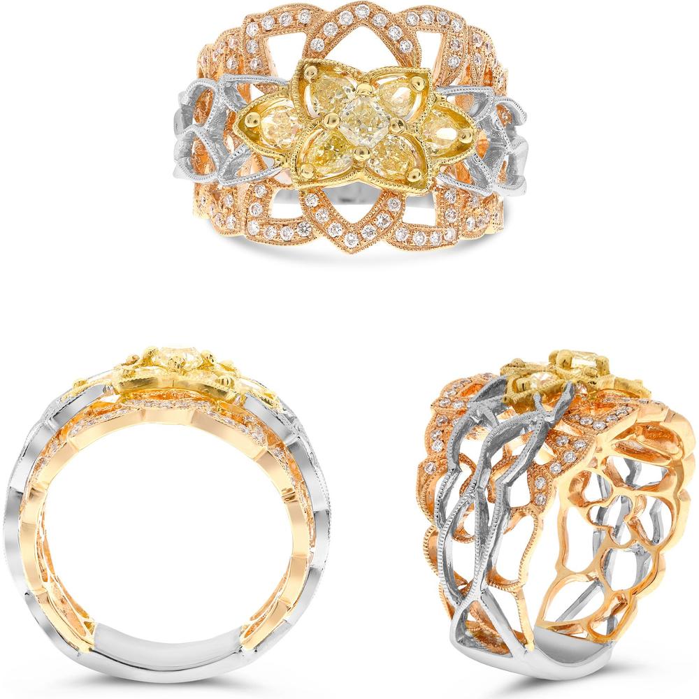 Roman & Jules - 18K Tricolor Gold Fashion Ring with Fancy Yellow Diamond and White Diamonds - 1.04 Carat Total Diamond Weight