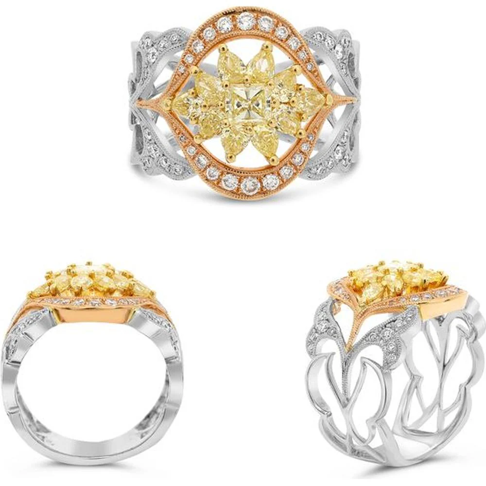 Roman & Jules - 18K Tricolor Gold Floral Design Ring with Pear-Shaped Fancy Yellow Diamond - 1.24 Carat Total Diamond Weight