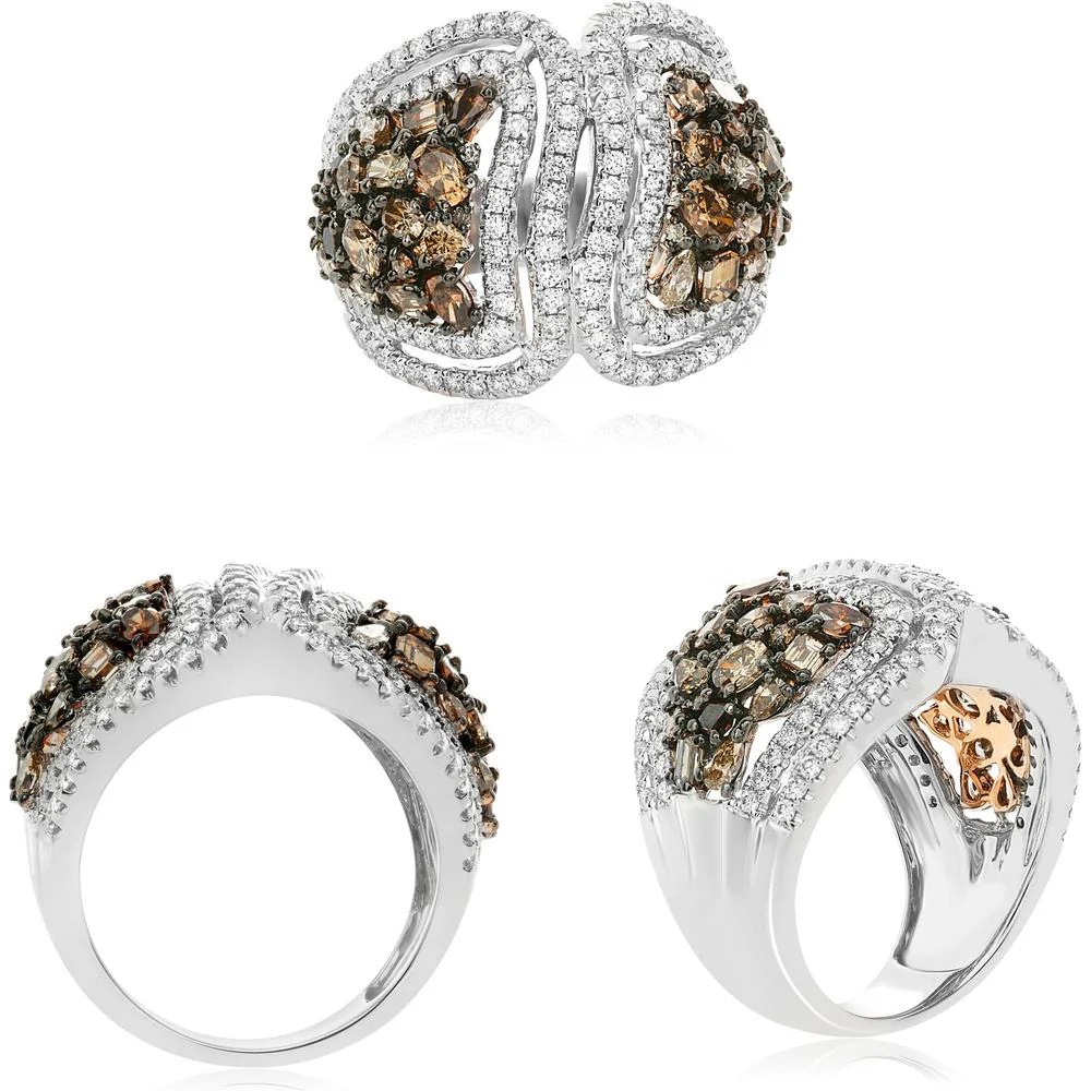 Roman & Jules - 18K White & Rose Gold Champagne & White Diamond Cluster Ring - 2.55 Carat Total Diamond Weight