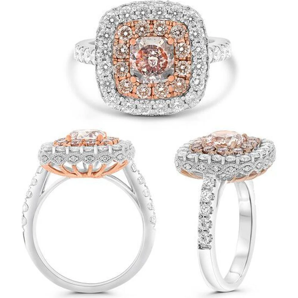 Roman & Jules - 18K White & Rose Gold Cushion Cut Pink Diamond Halo Ring with Round White Diamonds - 1.01 Carat Pink Diamond, 0.91 Carat Round Diamonds