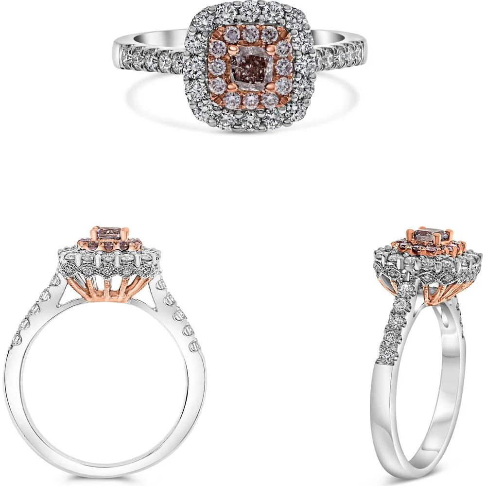 Roman & Jules - 18K White and Rose Gold Cushion Cut Pink Diamond Ring with Round Diamonds - 0.59 Carat Total Diamond Weight