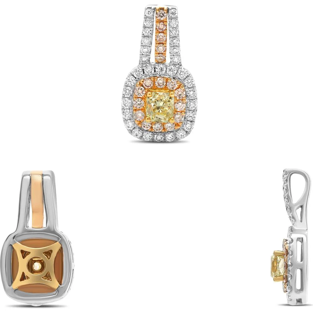 Roman & Jules - 18K White and Rose Gold Cushion Fancy Yellow Diamond Pendant with Round and Pink Diamond Halo - 1.52 Carat Total Diamond Weight