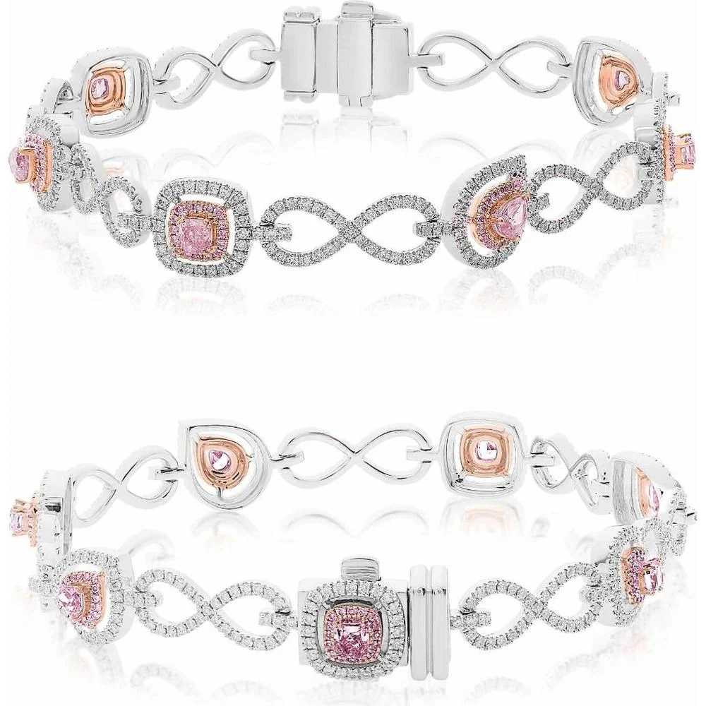 Roman & Jules - 18K White and Rose Gold Mixed Shape Pink Diamond Bracelet with Round and Princess Cut Diamonds - 1.59 Carat Total Diamond Weight
