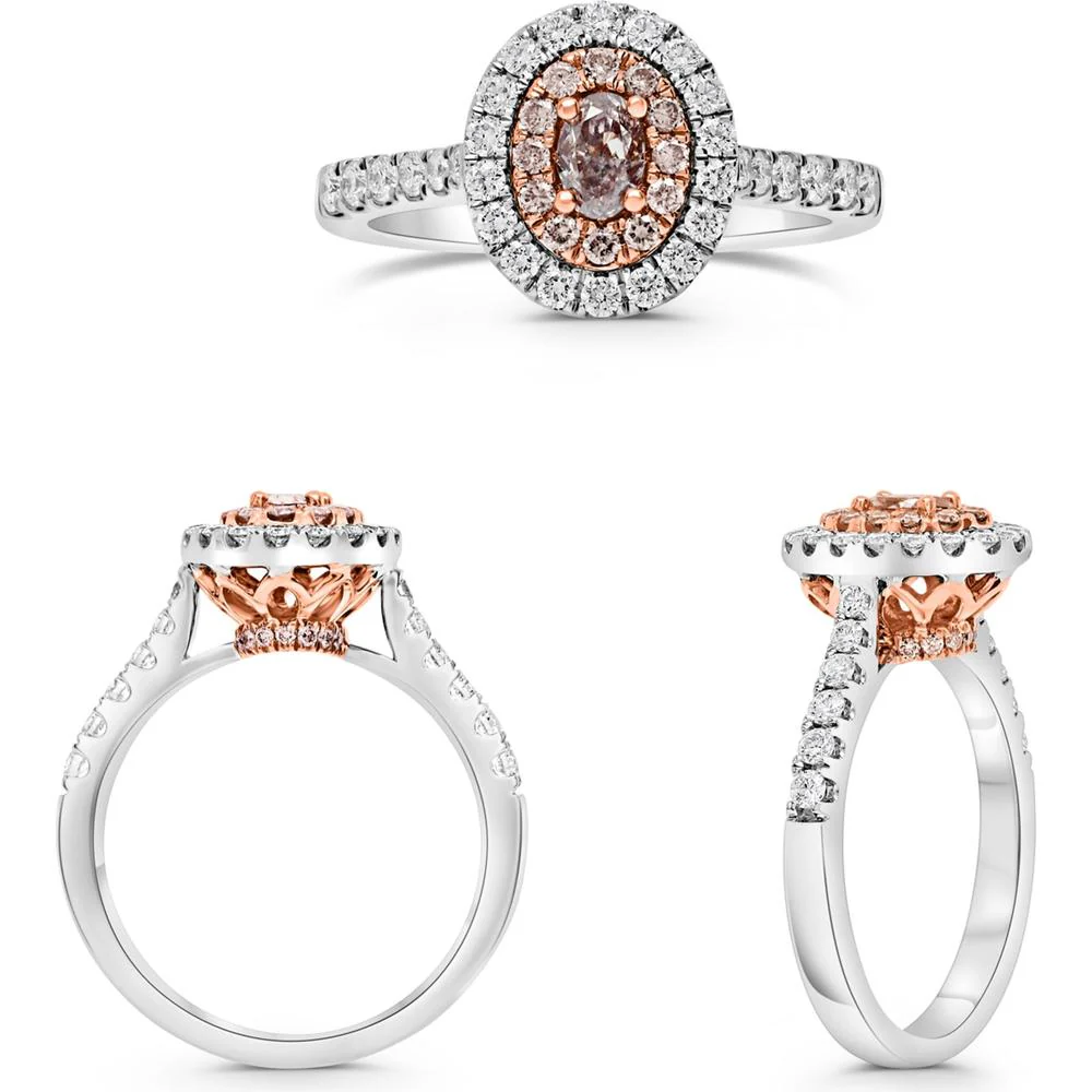 Roman & Jules - 18K White & Rose Gold Oval Pink Diamond Halo Ring with Round Diamonds - 0.44 Carat Total Diamond Weight