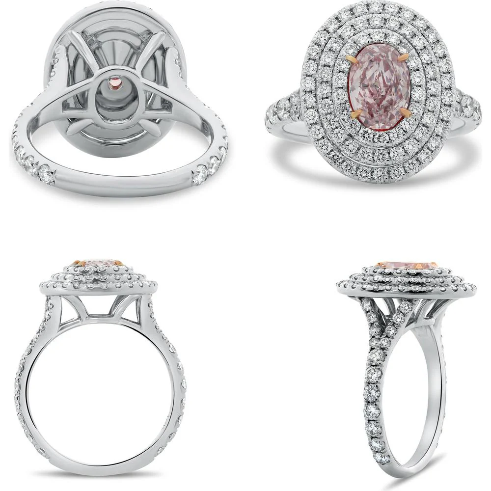 Roman & Jules - 18K White and Rose Gold Oval Pink Diamond Triple Halo Ring with Round Diamonds - 1.02 Carat Total Diamond Weight