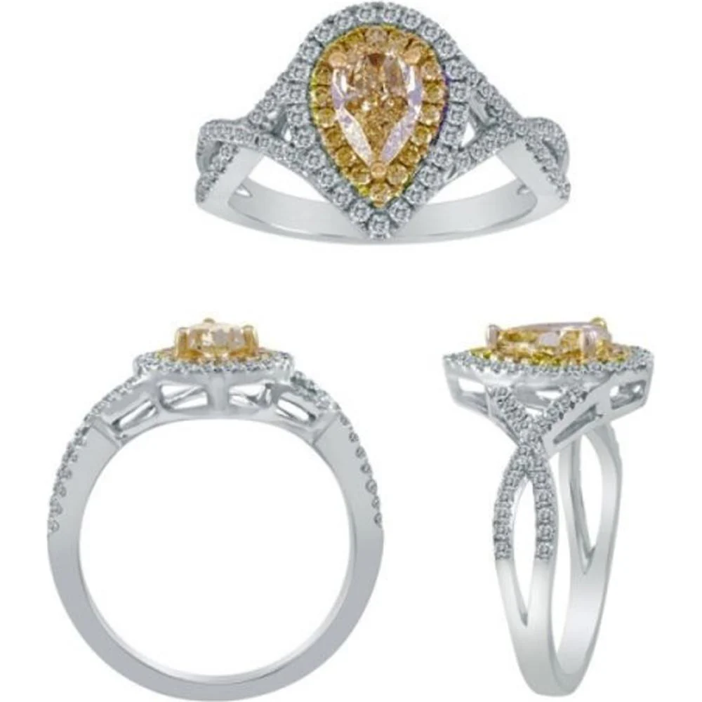 Roman & Jules - 18K White and Rose Gold Pear Shape Pink Diamond Ring with Round Diamond Halo - 0.78 Carat Total Diamond Weight