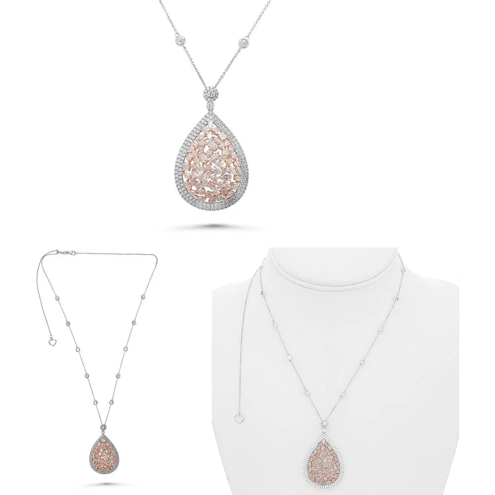 Roman & Jules - 18K White & Rose Gold Pink Diamond Cluster Necklace with Round Diamonds - 5.29 Carat Total Diamond Weight