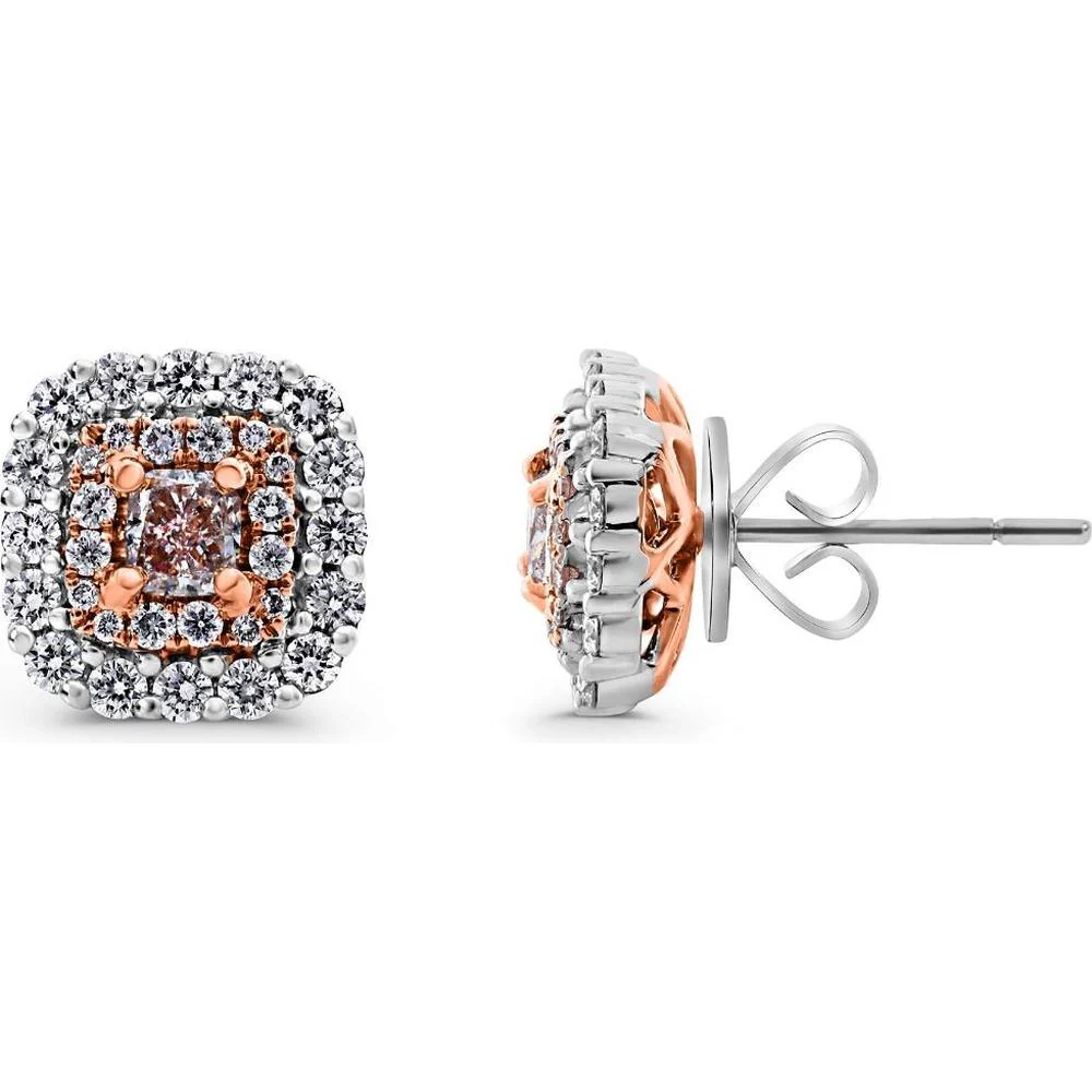 Roman & Jules - 18K White and Rose Gold Stud Earrings with Cushion-Cut Pink Diamond - 0.64 Carat Total Diamond Weight