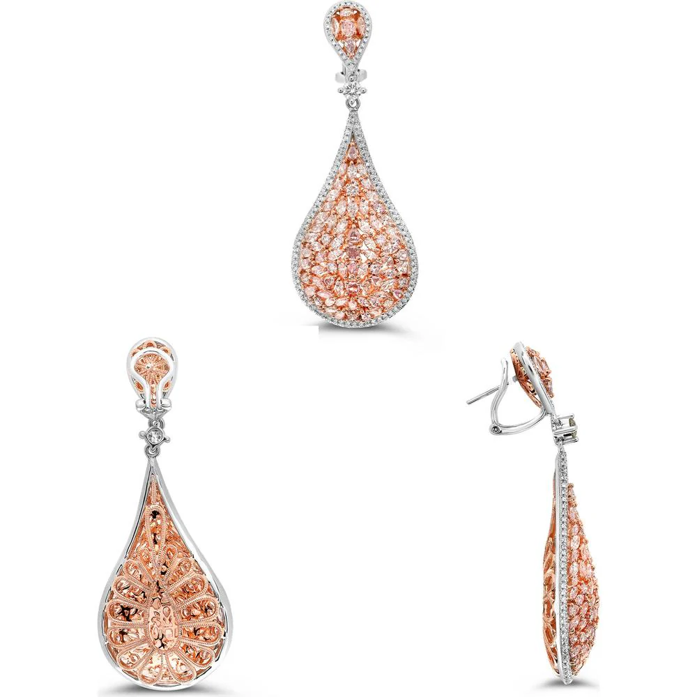 Roman & Jules - 18K White and Rose Gold Teardrop Earrings with 8+ Carats of Round Pink and White Diamonds