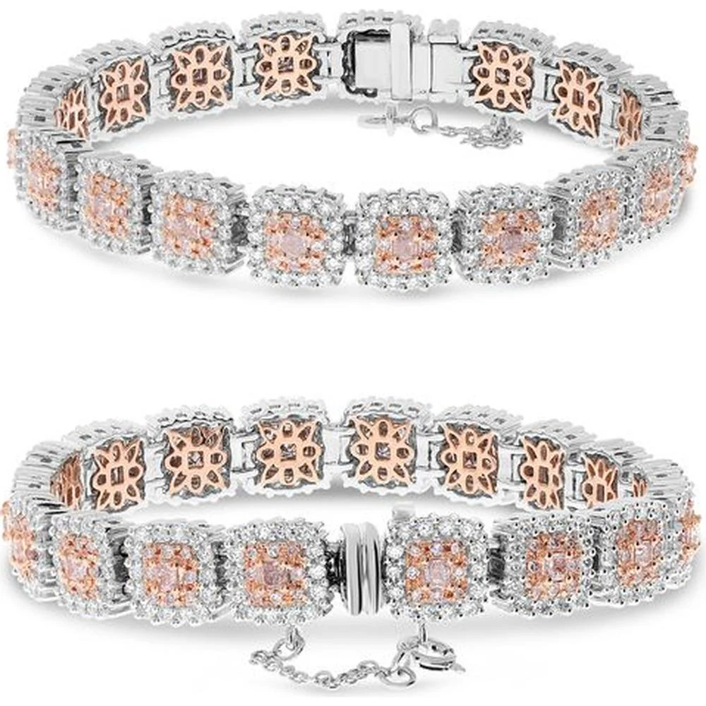 Roman & Jules - 18K White and Rose Gold Tennis Bracelet with Round White and Pink Diamonds - 5.38 Carat Total Diamond Weight