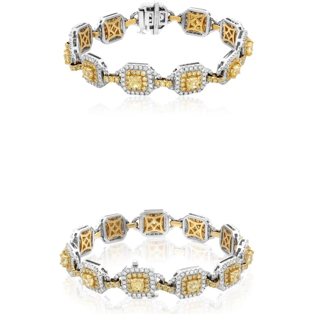Roman & Jules - 18K White and Yellow Gold Bracelet with Cushion Cut Fancy Yellow and Round Diamonds - 5.61 Carat Total Diamond Weight