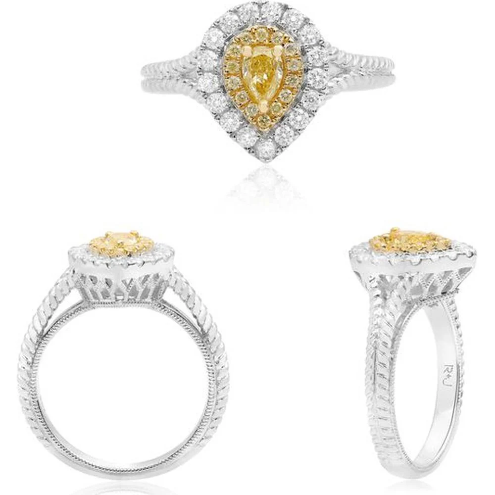 Roman & Jules - 18K White & Yellow Gold Braided Shank Ring with Fancy Yellow Pear-Shaped Diamond and Round Diamonds - 0.68 Carat Total Diamond Weight