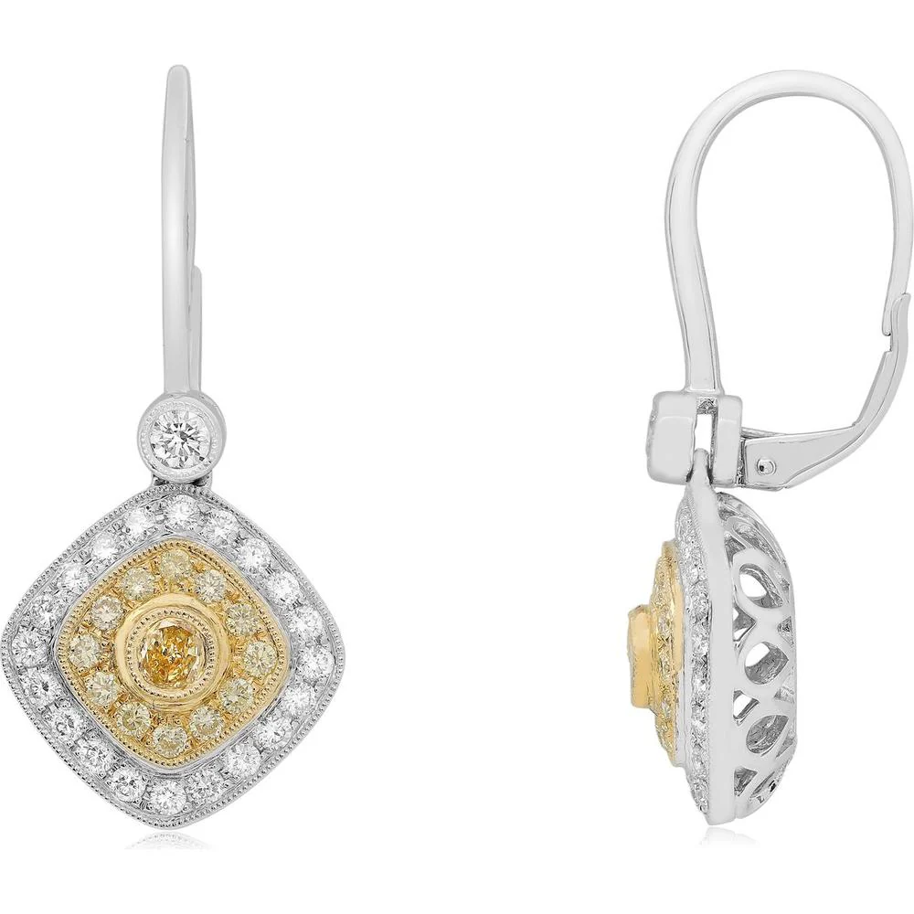 Roman & Jules - 18K White and Yellow Gold Colorful Diamond Drop Earrings with Round and Oval Fancy Yellow Diamonds - 1.56 Carat Total Diamond Weight