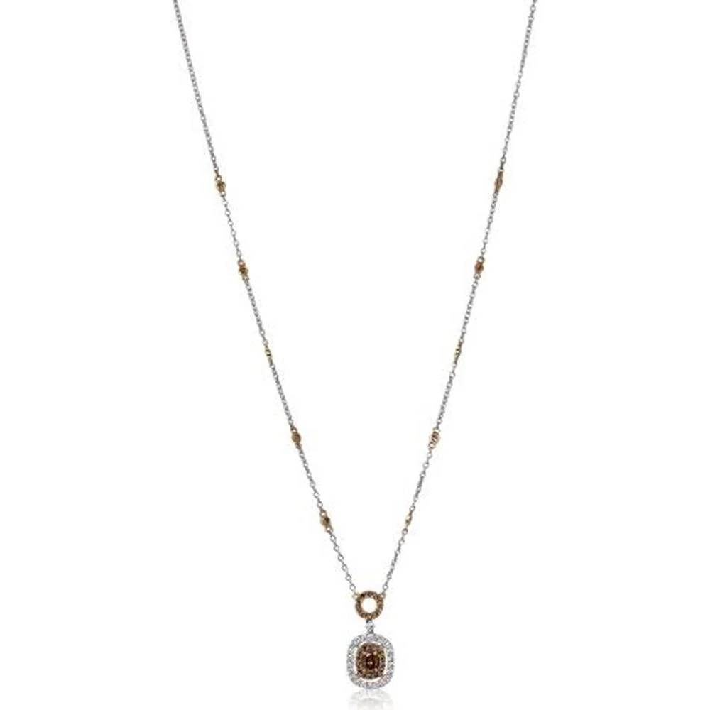 Roman & Jules - 18K White and Yellow Gold Cushion Champagne Diamond Necklace with Round Diamonds - 1.07 Carat Total Diamond Weight