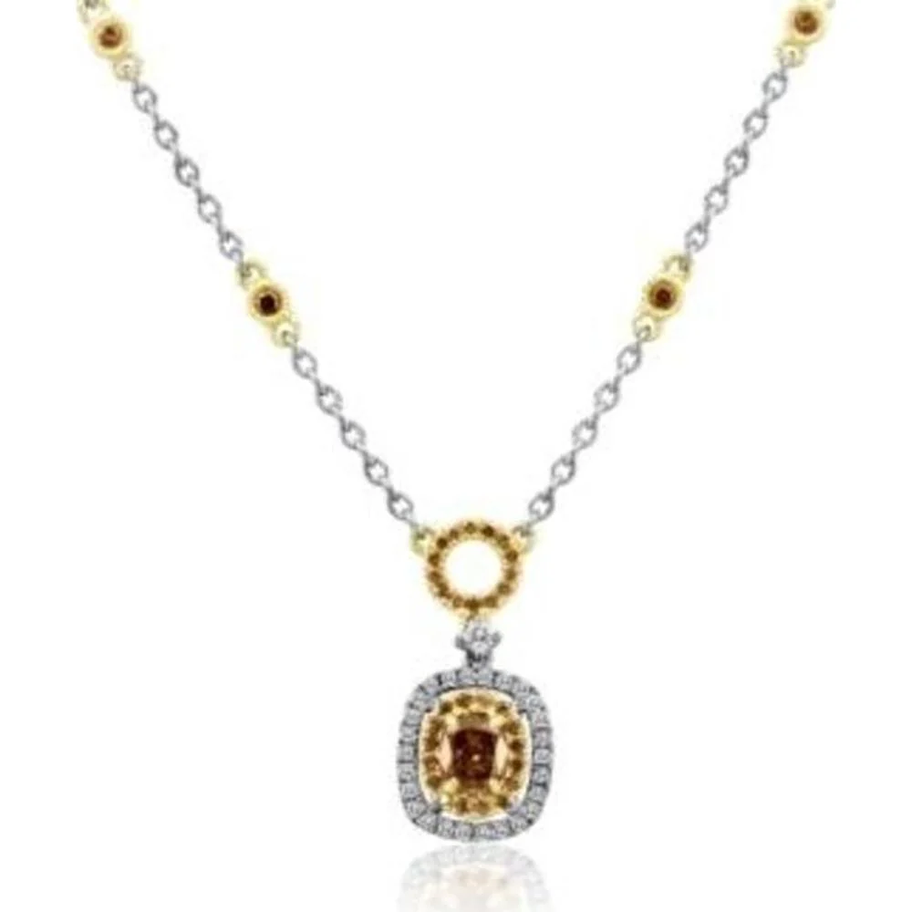 Roman & Jules - 18K White and Yellow Gold Cushion Champagne Diamond Pendant Necklace with Diamond Halo - 1.00 Carat Total Diamond Weight