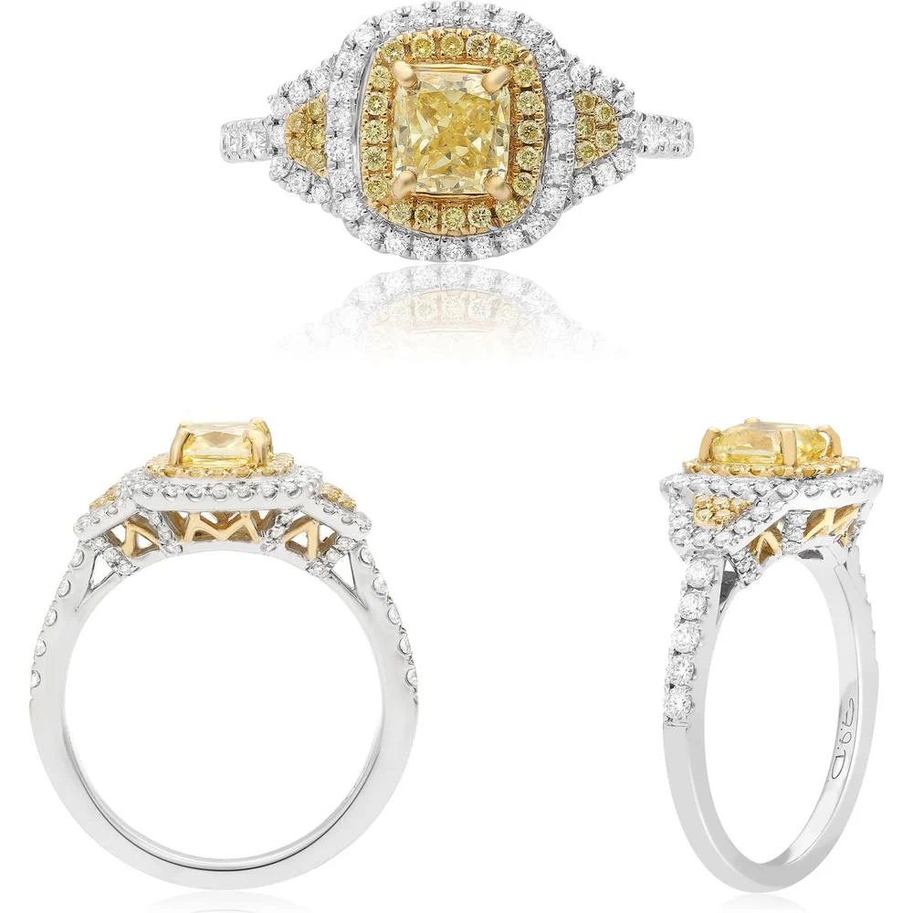 Roman & Jules - 18K White and Yellow Gold Cushion Cut Fancy Yellow Diamond Double Halo Ring with Round White Diamonds - 0.82 Carat Total Diamond Weight