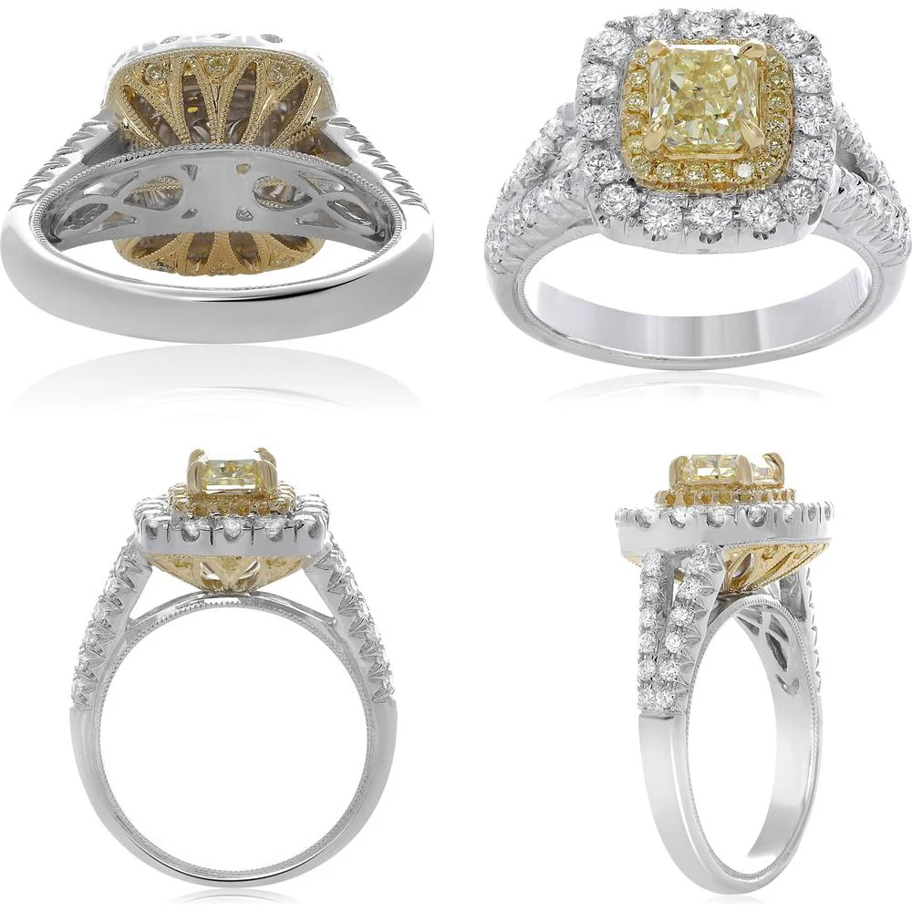 Roman & Jules - 18K White and Yellow Gold Cushion Cut Fancy Yellow Diamond Halo Ring - 1.02 Carat Total Diamond Weight
