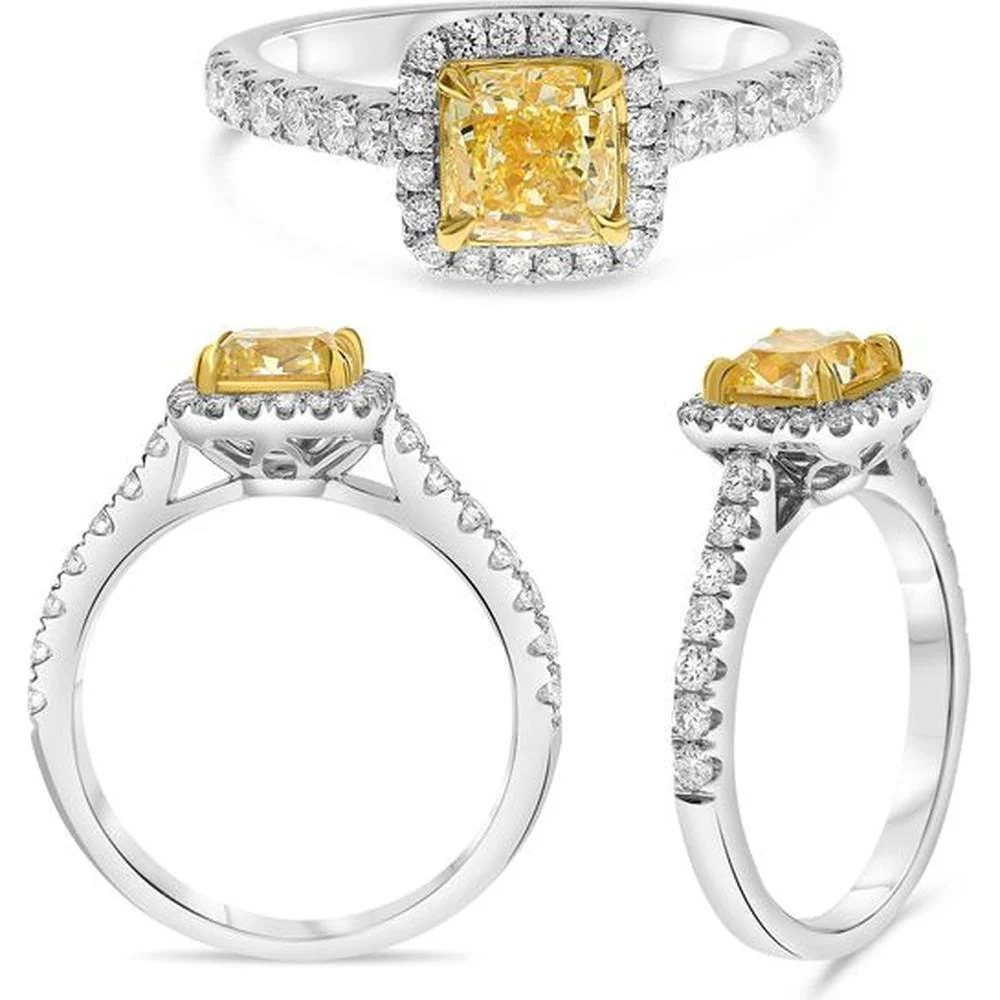 Roman & Jules - 18K White and Yellow Gold Cushion Cut Fancy Yellow Diamond Halo Ring - 1.23 Carat Total Diamond Weight