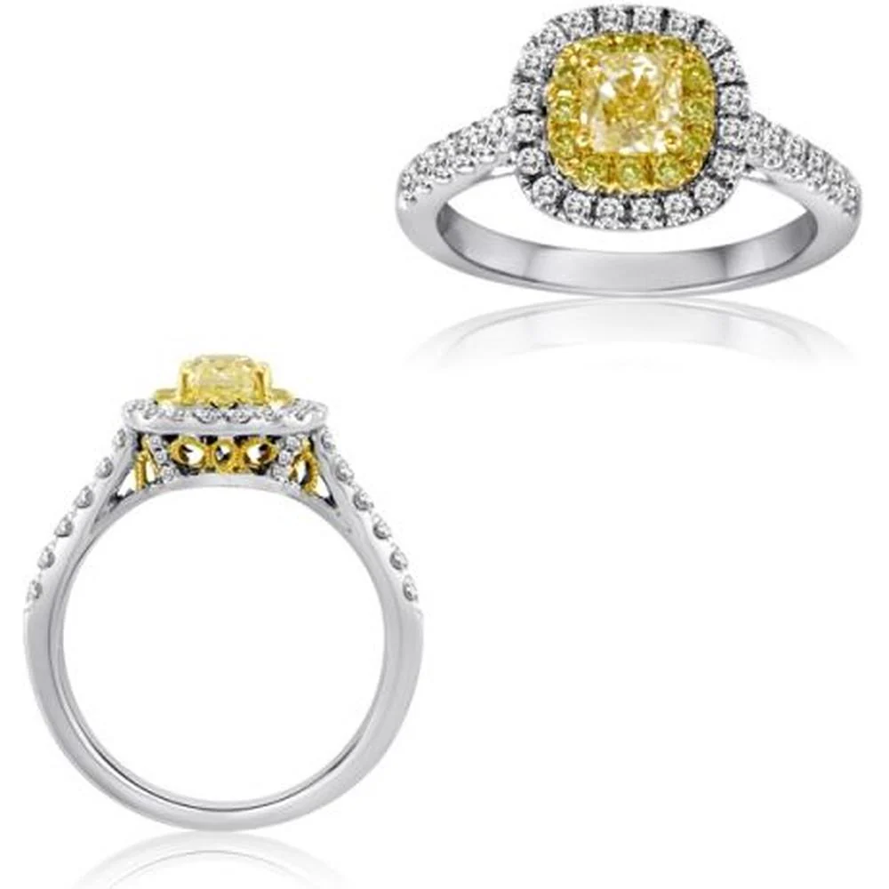 Roman & Jules - 18K White and Yellow Gold Cushion Cut Fancy Yellow Diamond Halo Ring with Round Diamonds - 0.49 Carat Total Diamond Weight