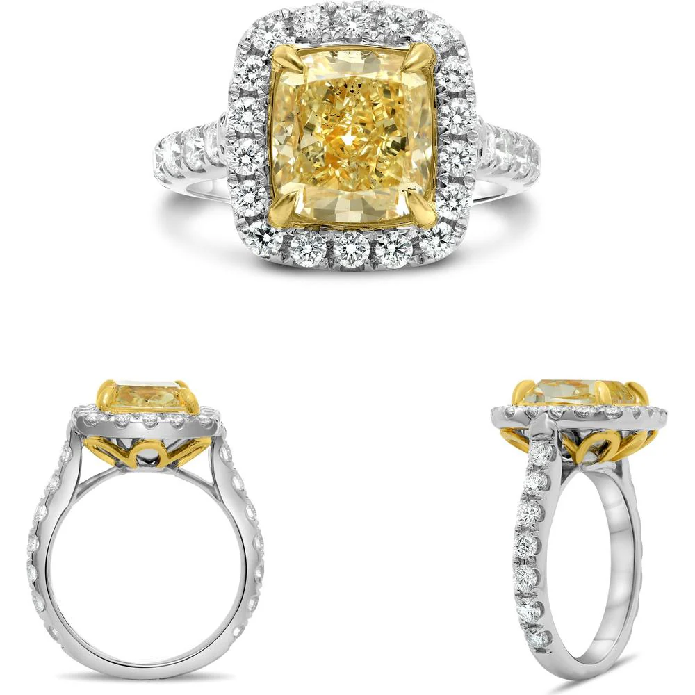 Roman & Jules - 18K White and Yellow Gold Cushion Cut Fancy Yellow Diamond Halo Ring with Round Diamonds - 1.00 Carat Total Diamond Weight