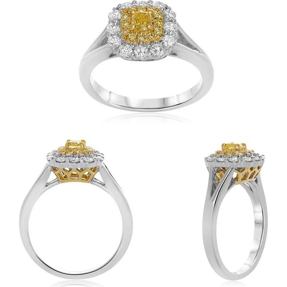 Roman & Jules - 18K White and Yellow Gold Cushion Cut Fancy Yellow Diamond Halo Ring with Round White Diamonds - 0.71 Carat Total Diamond Weight