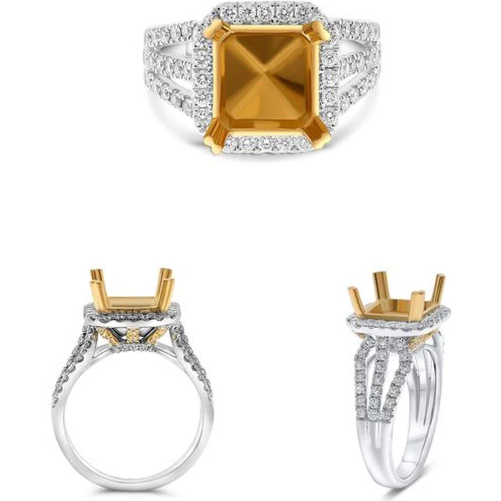 Roman & Jules - 18K White and Yellow Gold Cushion Cut Fancy Yellow Diamond Ring with Diamond Halo - 0.95 Carat Total Diamond Weight