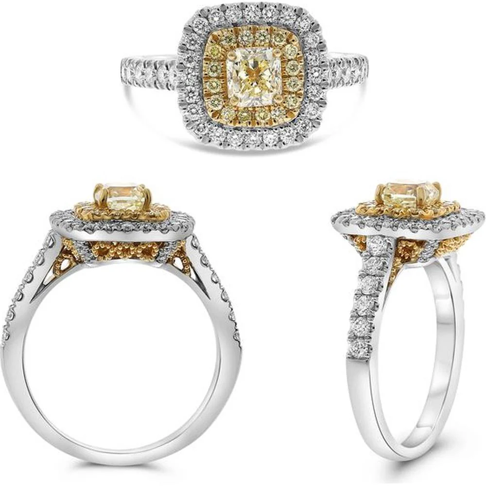 Roman & Jules - 18K White & Yellow Gold Cushion Cut Fancy Yellow Diamond Ring with Double Halo - 1.41 Carat Total Diamond Weight