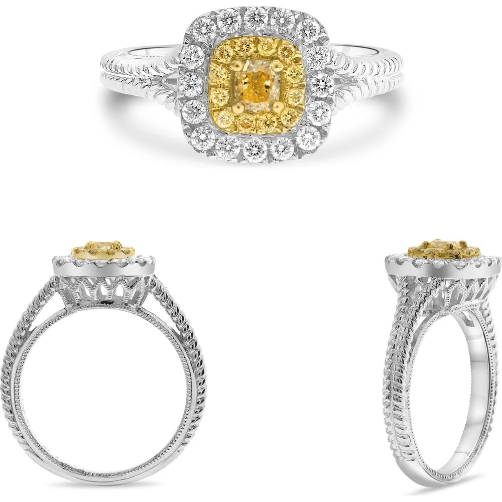 Roman & Jules - 18K White and Yellow Gold Cushion Cut Fancy Yellow Diamond Ring with Halo of Round Brilliant Diamonds - 0.39 Carat Total Diamond Weight