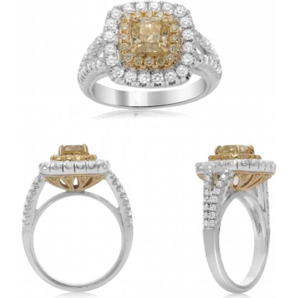 Roman & Jules - 18K White and Yellow Gold Cushion Cut Fancy Yellow Diamond Ring with Round Halo - 1.01 Carat Total Diamond Weight