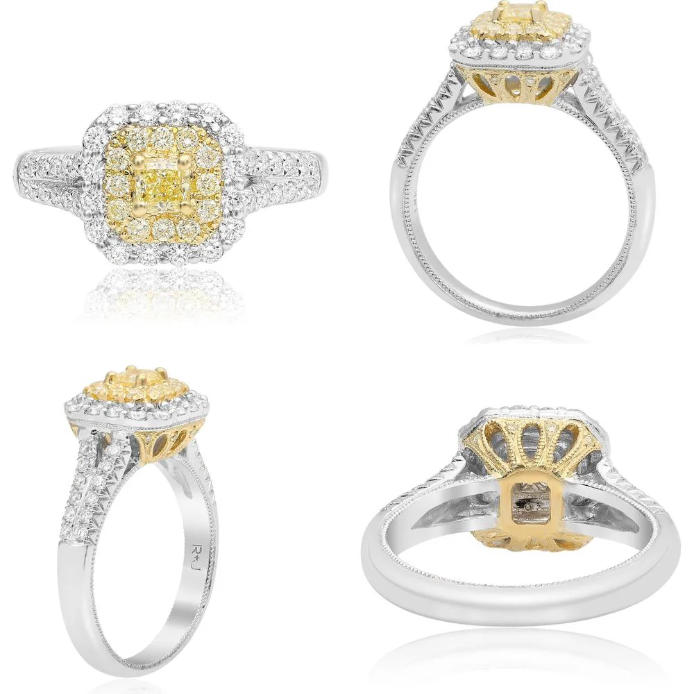 Roman & Jules - 18K White and Yellow Gold Cushion Cut Fancy Yellow Diamond Ring with Round White Diamond Halo - 0.93 Carat Total Diamond Weight