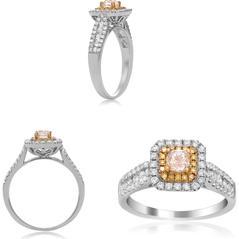Roman & Jules - 18K White and Yellow Gold Cushion Cut Fancy Yellow Diamond Ring with Round White Diamonds - 1.05 Carat Total Diamond Weight