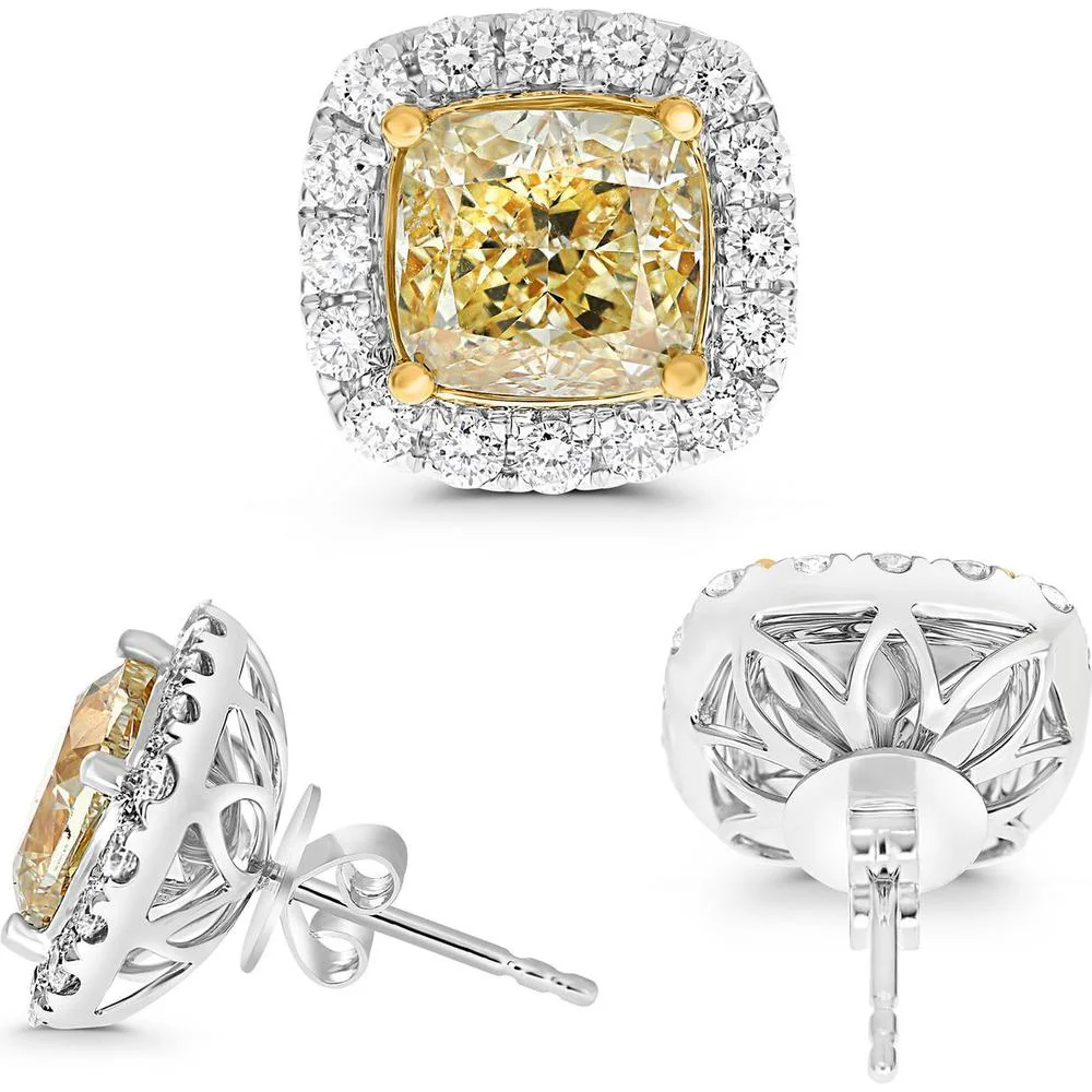 Roman & Jules - 18K White and Yellow Gold Cushion Cut Fancy Yellow Diamond Stud Earrings with Halo of Round Diamonds - 2.5 Carat Total Diamond Weight