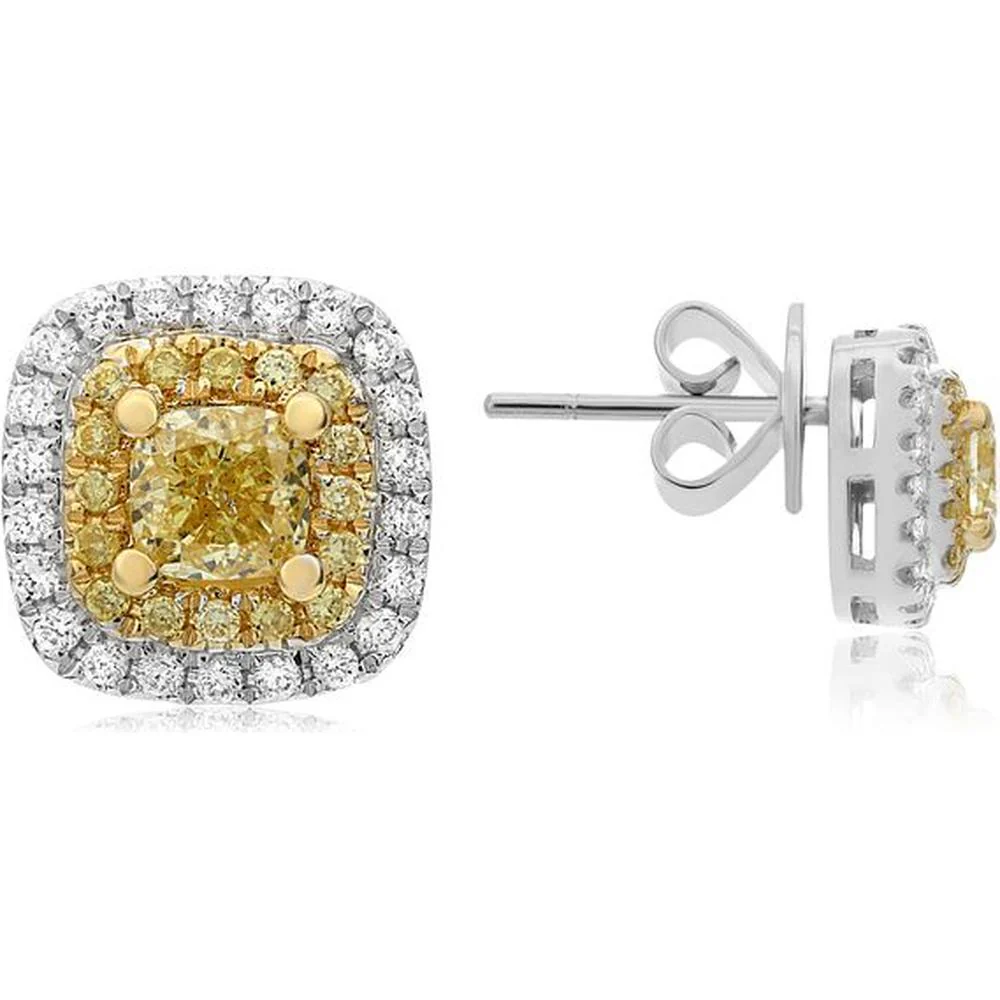 Roman & Jules - 18K White and Yellow Gold Cushion Cut Fancy Yellow Diamond Stud Earrings with Round Diamond Halo - 0.12 Carat Total Diamond Weight