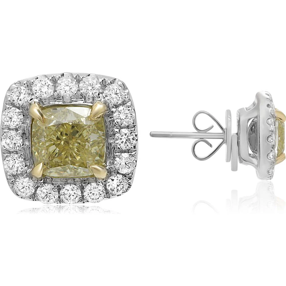 Roman & Jules - 18K White and Yellow Gold Cushion Cut Fancy Yellow Diamond Stud Earrings with Round Diamond Halo - 1.03 Carat Total Diamond Weight