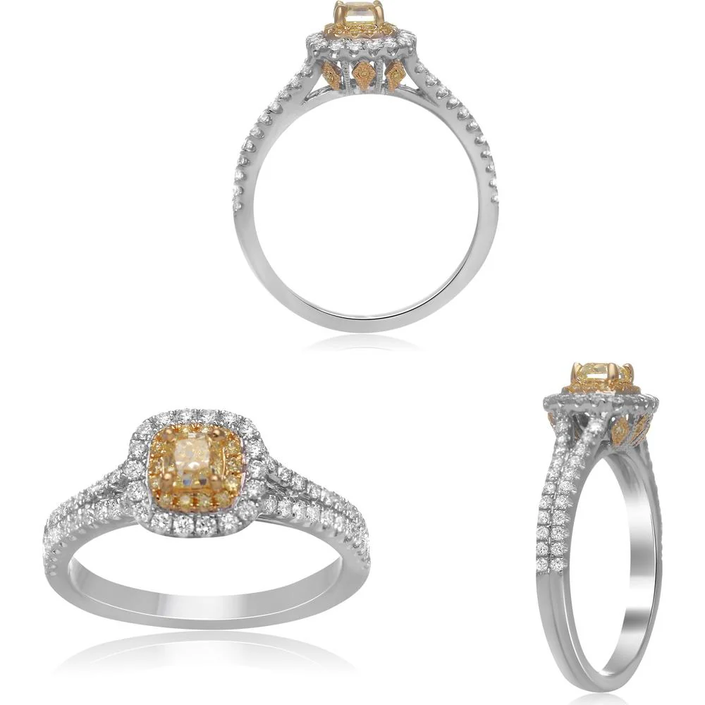 Roman & Jules - 18K White & Yellow Gold Cushion Cut Halo Diamond Ring with Fancy Yellow Diamond - 0.44 Carat Total Diamond Weight