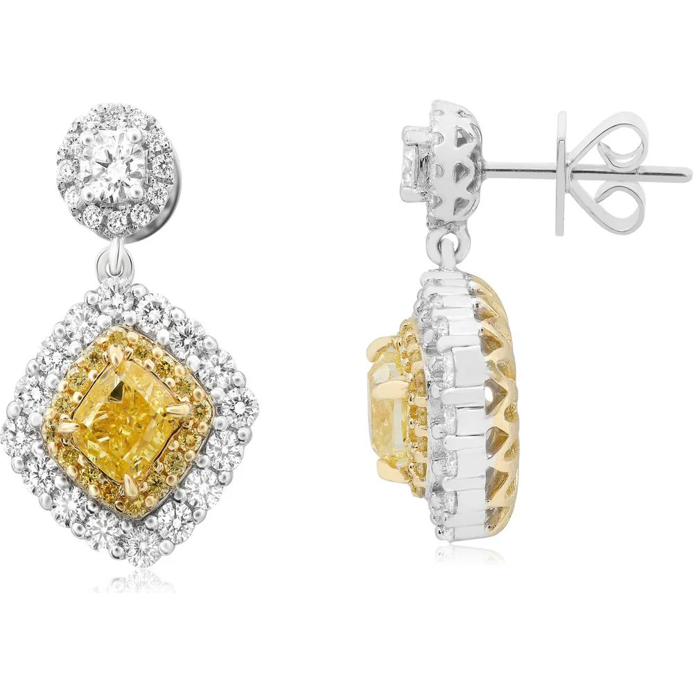 Roman & Jules - 18K White and Yellow Gold Cushion Fancy Yellow Diamond Earrings with Round Diamond Halo - 1.72 Carat Total Diamond Weight