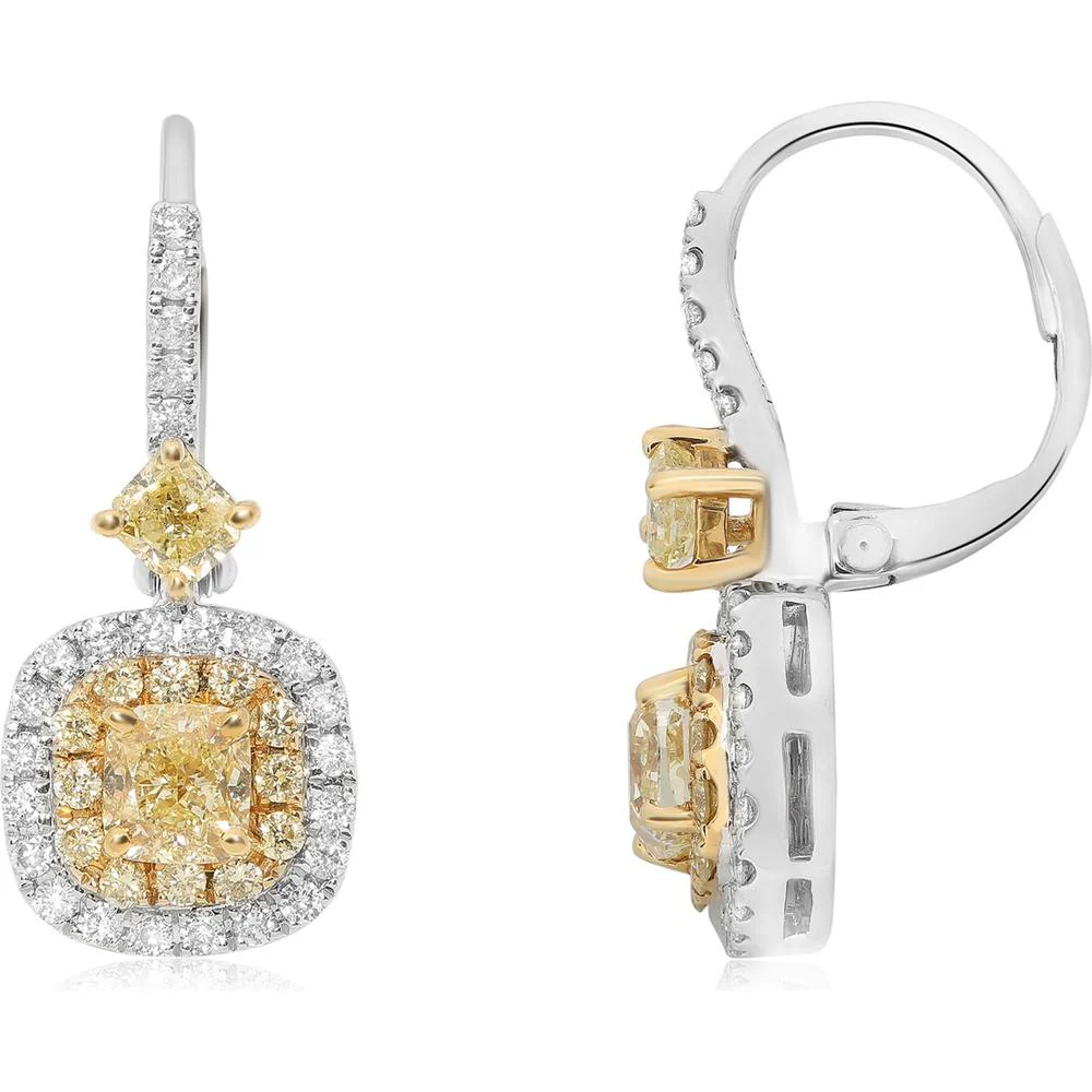 Roman & Jules - 18K White and Yellow Gold Cushion Fancy Yellow Diamond Earrings with Round Diamonds - 1.06 Carat Total Diamond Weight
