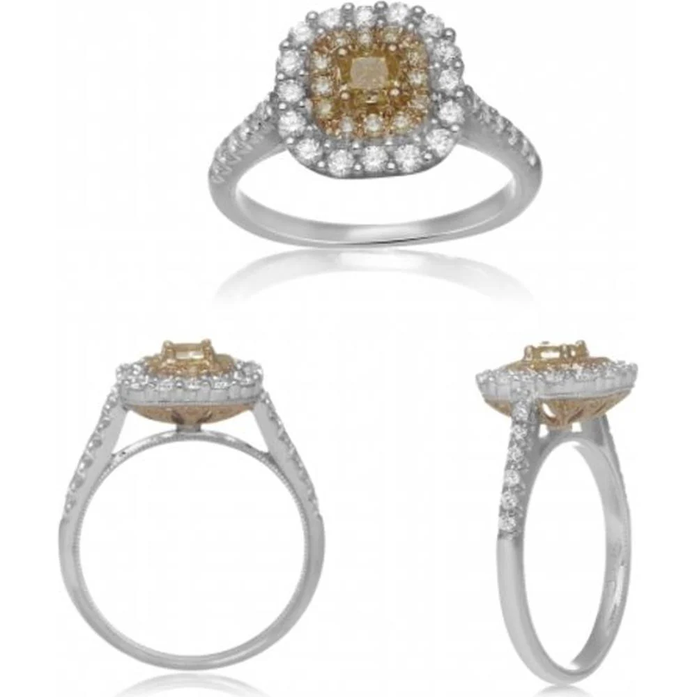 Roman & Jules - 18K White and Yellow Gold Cushion Fancy Yellow Diamond Halo Ring - 0.89 Carat Total Diamond Weight