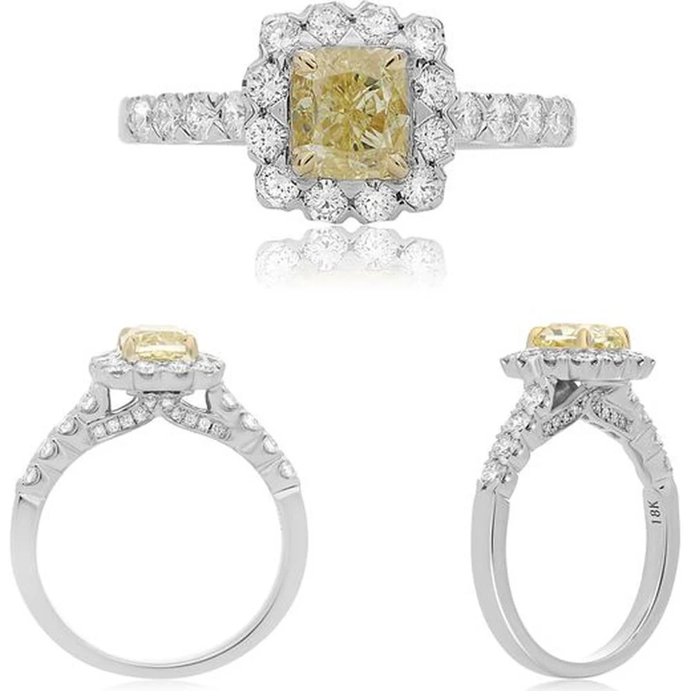 Roman & Jules - 18K White and Yellow Gold Cushion Fancy Yellow Diamond Halo Ring - 0.90 Carat Total Diamond Weight
