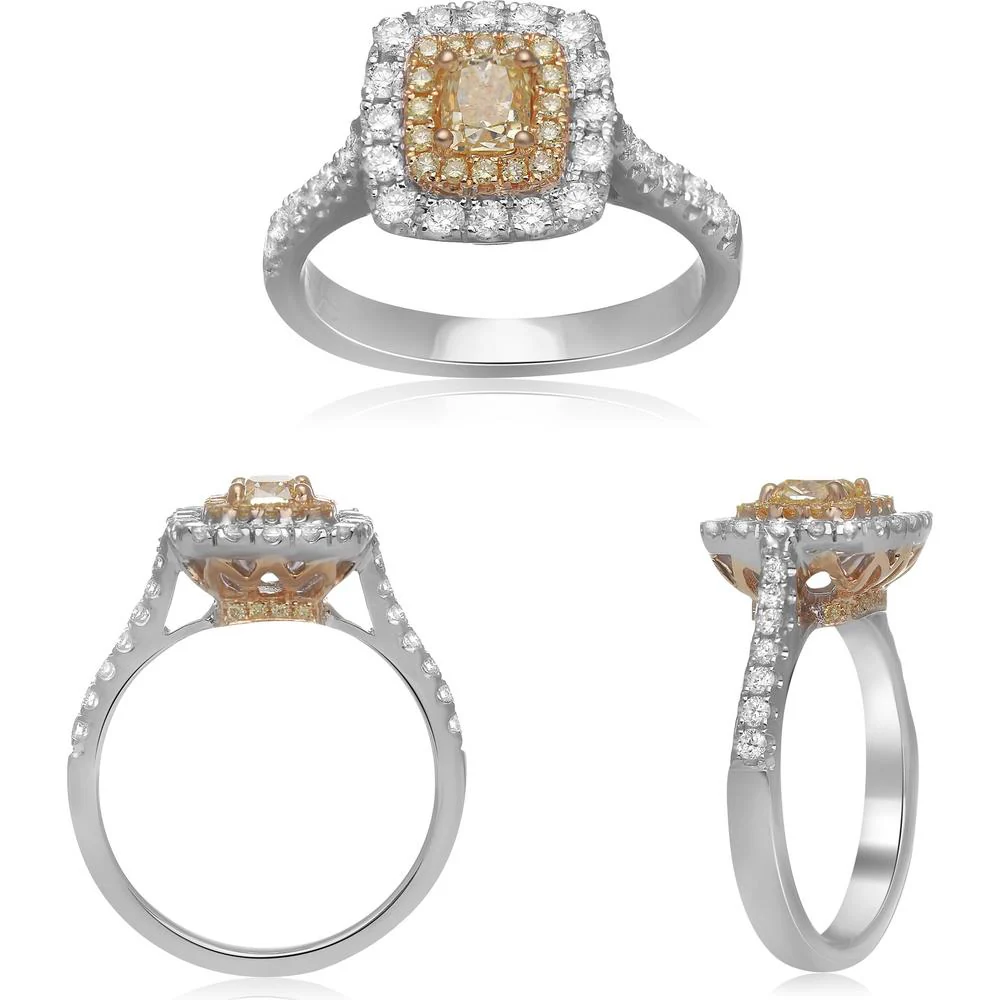 Roman & Jules - 18K White and Yellow Gold Cushion Fancy Yellow Diamond Halo Ring - 1.10 Carat Total Diamond Weight