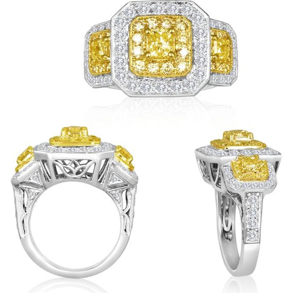Roman & Jules - 18K White and Yellow Gold Cushion Fancy Yellow Diamond Halo Ring - 1.13 Carat Total Diamond Weight