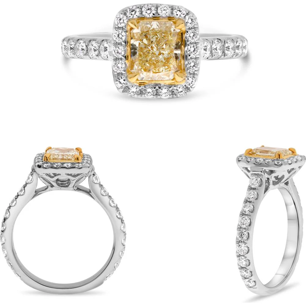 Roman & Jules - 18K White and Yellow Gold Cushion Fancy Yellow Diamond Halo Ring - 1.14 Carat Total Diamond Weight