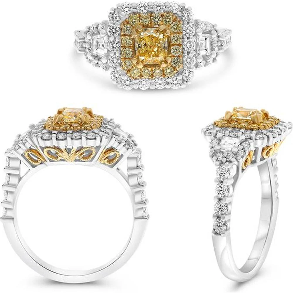Roman & Jules - 18K White and Yellow Gold Cushion Fancy Yellow Diamond Halo Ring with Radiant Cut Yellow Diamond - 1.5 Carat Total Diamond Weight