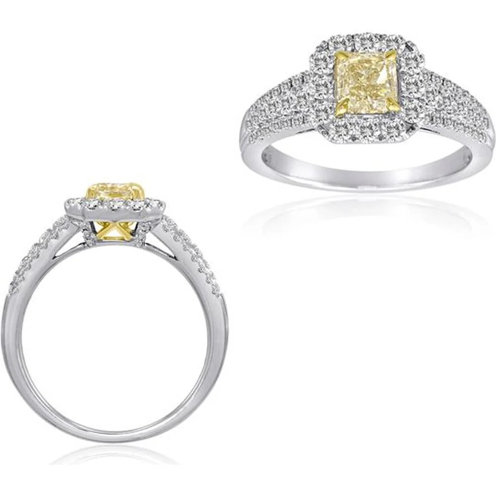 Roman & Jules - 18K White and Yellow Gold Cushion Fancy Yellow Diamond Halo Ring with Round Diamond Accents - 1.49 Carat Total Diamond Weight